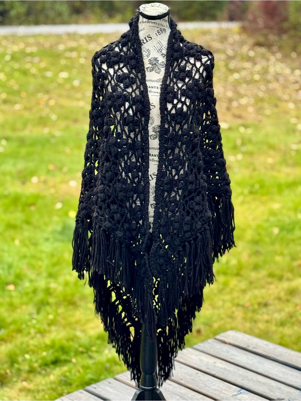Black Crochet Fringe Shawl Wrap - Elegant Lightweight Scarf